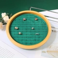 Round bamboo jewelry display tray with dark green velvet slots for rings - 80 Slots / Green