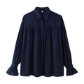 Dunkelblaue Hemdbluse mit Reverskragen, Falten-Design und eleganten Rüschenärmeln - S / Dunkelblau