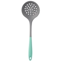 Silicone skimmer spoon in grey and mint green with ergonomic handle and hanging hole - Grey Green Slotted Spoon