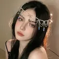 Exotic bohemian forehead chain with white pearls and blue crystal waterdrop pendants - 241201 Blue Teardrop Pearl Forehead Crown