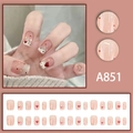 Detailed set of 24 pink press-on nails featuring red hearts and silver glitter accents - Nude Pink Heart Glitter Diamond Style (A851) / 24 Pcs/Set