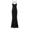 Detail view of 3D floral embroidery and lace-up straps on this black fishtail evening dress - Black