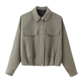 Damen Bomberjacke in Olivgrün mit plissiertem Saum, großen Taschen und Hemdkragen Design - S / Dunkles Khaki