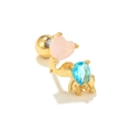 Detail of golden elephant ear stud with pink heart and blue pear-shaped crystal gems - Elephant (Pink/Blue)