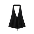 Detailed view of black halter neck top with deep V-neck and peplum hem on white background - XS / Black