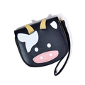 Cute black cow pattern PU leather coin purse with wrist strap and zipper closure - Black