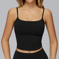 Classic black slim fit yoga tank top with thin straps and a square neckline for women - S / Black