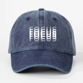Washed navy blue denim baseball cap featuring white FOCUS lettering on a minimalist style - One Size / Navy Blue
