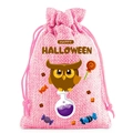 Pink burlap Halloween drawstring gift bag featuring a cute owl and happy halloween text - 10*14cm / Pink
