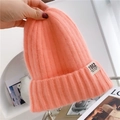Pink-orange mohair knit beanie with 1982 California patch and rolled edge detail - M / Pink