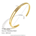 Detailed view of 18K gold plated stainless steel open bangle with zircon inlay details - Simple Zirconia Line Bangle - Gold / Inner Diameter 61.0mm / Width 6.1mm / Weight 10.5g