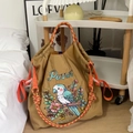 Detail of embroidered parrot on khaki nylon tote bag with colorful braided cord handles - Khaki Parrot - New (Without Shoulder Strap)