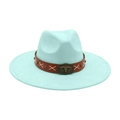 Ethnic mint green wide brim fedora hat with bull skull buckle and leather band - Emerald Green