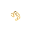 Three-layer gold titanium steel ring with textured twist band and small centered zircon - Gold White
