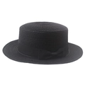 Detail of a black woven boater hat featuring a stylish grosgrain ribbon and bow detail - Black