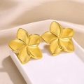 Retro geometric gold flower stud earrings in stainless steel with textured petal design - Gold Plumeria Flower Stud Earrings(G813E5274)