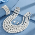 Detail view of multi-layer white pearl necklace set with matching bracelet and earrings - Earrings Only (Without Necklace) (5-Row Artificial Pearl Style)