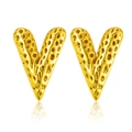 Golden V-shaped stainless steel earrings with textured hammered finish and mirror reflection - Fluid Metal Hammered V-Heart
