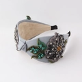 Fashionable grey top knot headband with colorful crystal flower and floral embroidery - Slate Gray