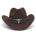 Détail du chapeau de cowboy en feutre marron avec ruban ethnique et crâne de taureau - Café
