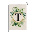 Garden flag featuring letter T in golden wreath with green leaves on linen background - Letter T