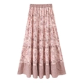 Detail of pink floral tiered maxi skirt with vintage geometric patterns and layered design - XS / Apricot Pink