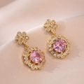 Pink zircon flower earrings in gold finish featuring micro-pave crystals for women - Pink Daisy Style (E0481)