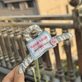 Blue and white striped hair claw clip with pink heart button and text label detail - Blue Stripe Claw Clip with Pink Heart Button and Label