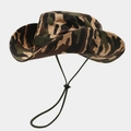 Detail of camouflage boonie hat showing metal air vents and adjustable chin strap - Classic Woodland Camo (Color #8)