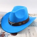 Bright blue wool fedora cowboy hat with brown leather band and metal ox head detail - Leather Strap Bull Head / Sky Blue