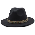 Close-up of black wool fedora featuring a colorful bohemian embroidered hat band - Dark Gray