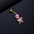Gold and pink butterfly belly button ring with zircon stones on a black reflective surface - Pink Butterfly Gold