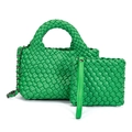 Bright green woven leather mini bucket bag set with chain strap and matching pouch - Sea Green