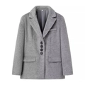 Detail shot of gray faux fur texture and four black round buttons on a long-sleeve blazer coat - S / Gray