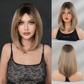 Shoulder-length ombre blonde bob wig with center part bangs for women shown in multiple angles - Copper Gold (16 Inch)