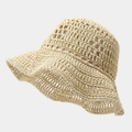 Beige hollow-out crochet straw sun hat with wide wavy brim for outdoor beach wear - M (56-58cm) / Solid Beige Style
