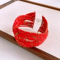 Detail of red and gold beaded wide cuff bracelet with multi-layer woven texture - Gold Red Bead Woven Cuff (28#)