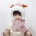 Detail of plush baby winter hat with brown antlers and soft pink faux fur lining - Pink Antler Integrated Hat