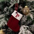 Red knit Christmas stocking with white cuff and embroidered letter P on tree - Style P