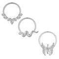 Silver nose ring set with snake and butterfly designs featuring sparkling zirconia - 1.2x8mm / Silver Snake Butterfly Collection (套装三)