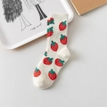 White crew socks featuring red strawberry pattern and green leaves in cotton blend - Size 35-42 / Strawberry on White