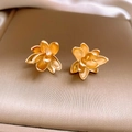 Macro shot of gold leaf earrings featuring a matte metallic layered flower design - 14# Matte Petal Layered (14# S925 Post-Gold)