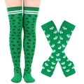 Detail of green clover over-knee socks and arm sleeves with white striped trim - Gloves And Socks / Clover Double Stripes Style (6#)