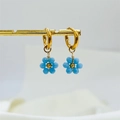 Handmade gold hoop earrings with sky blue beaded flowers and gold accents - Solid Sky Blue