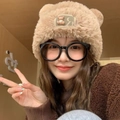Brown teddy bear fleece hat for winter with plush bear ears and warm knit lining - Violence Bear-Khaki