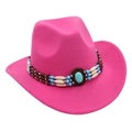 Close-up of ethnic beaded hatband with turquoise stone on hot pink felt cowboy hat - One Size / Rose Red Cowboy (Bead Band)