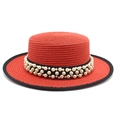 Sombrero boater de paja roja con cadena de perlas y elegante cinta negra para mujer - M (56-58cm) / Rojo