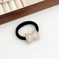 Elastic black hair tie with rhinestone bow and pearl charm in Korean style - 08# Pearl Rhinestone Bow-Silver