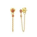 Macro view of S925 hallmark on gold plated flower earrings with red zircon and chain fringe - Orange & Gold