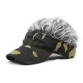 Camouflage sun visor hat with grey synthetic wig hair for outdoor fashion and styling - Camo and Gray